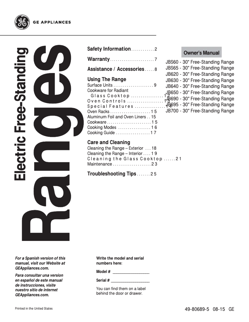 Page n°1 - Manuel d'utilisation et d'entretien GE JB690SFSS