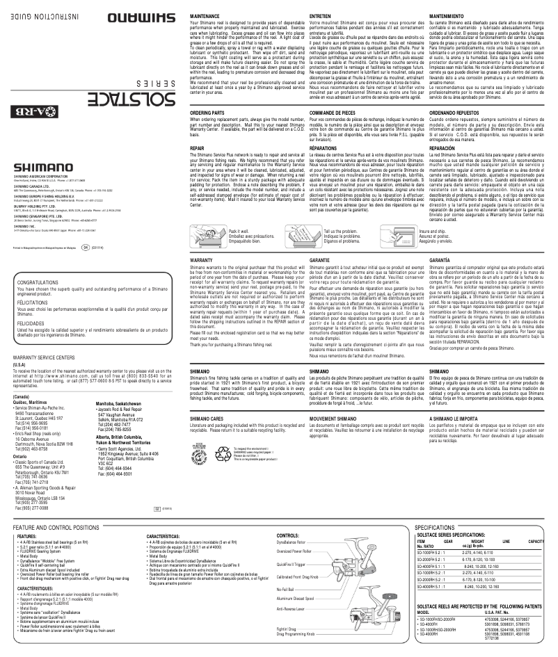 Page n°1 - Manuel utilisateur Shimano Solstace 1000FH