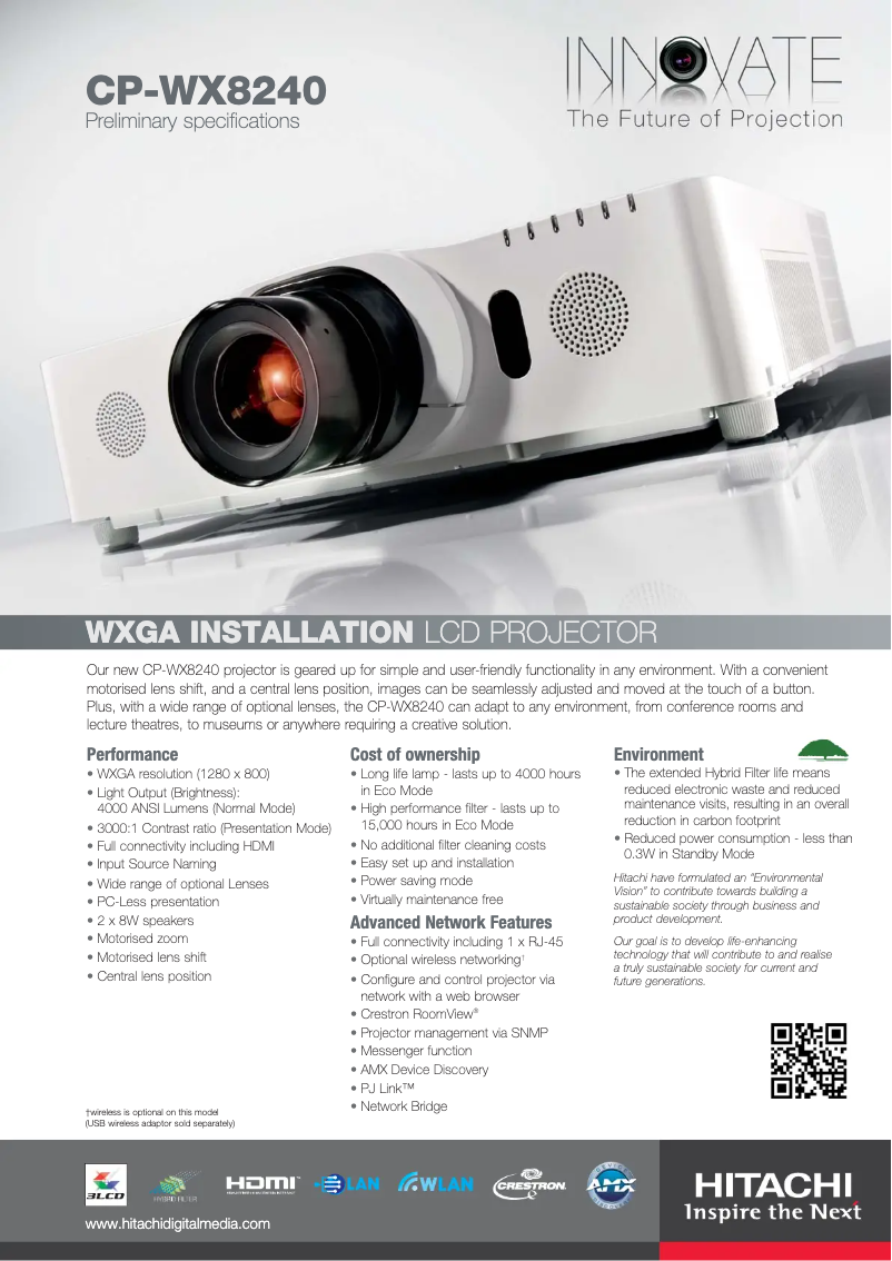 Page 1 de la notice Fiche technique Hitachi CP-WX8240