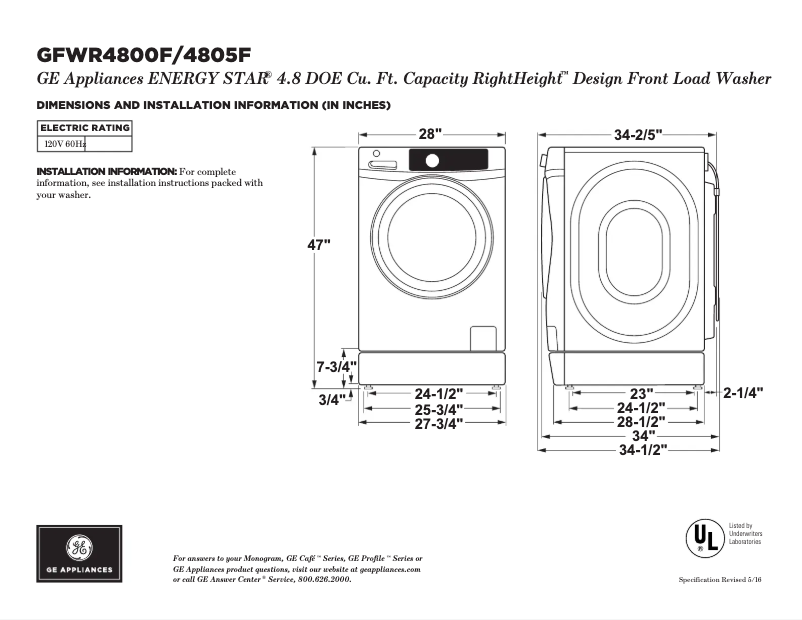 Page 1 de la notice Fiche technique GE GFWR4805FMC