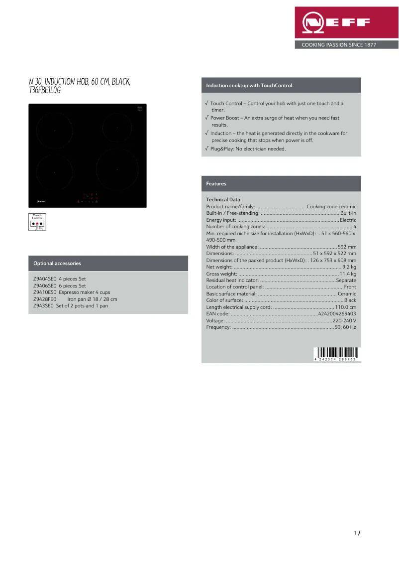 Page n°1 - Fiche technique Neff T36FBE1L0G