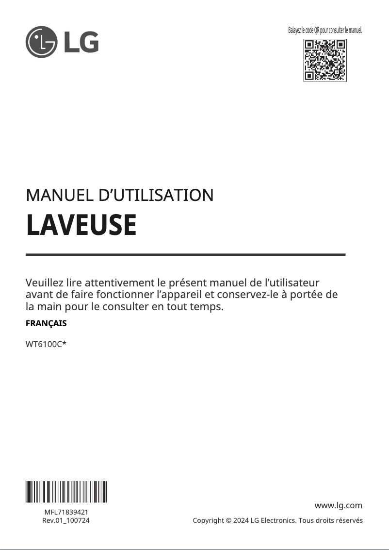 Page 1 de la notice Manuel utilisateur LG WT6100CW