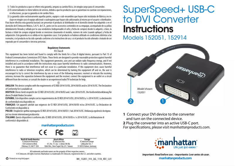 Page 1 de la notice Manuel utilisateur Manhattan 152051