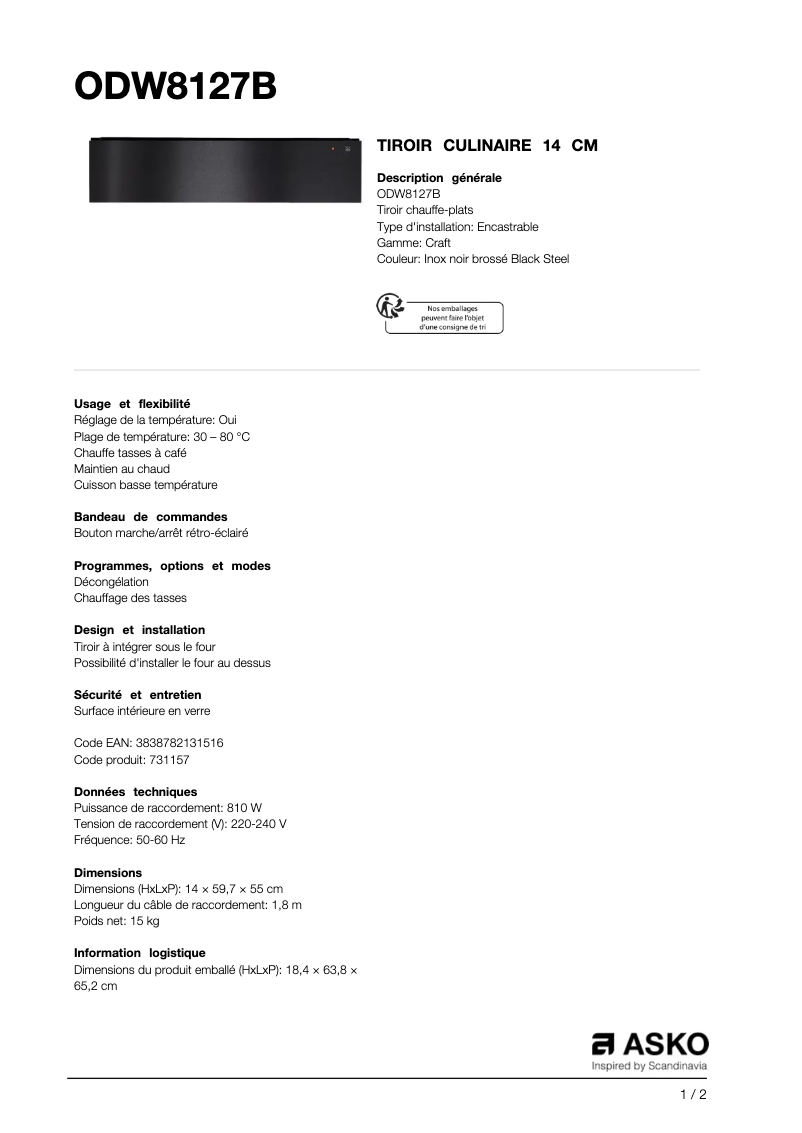 Page 1 de la notice Fiche technique Asko ODW8127B