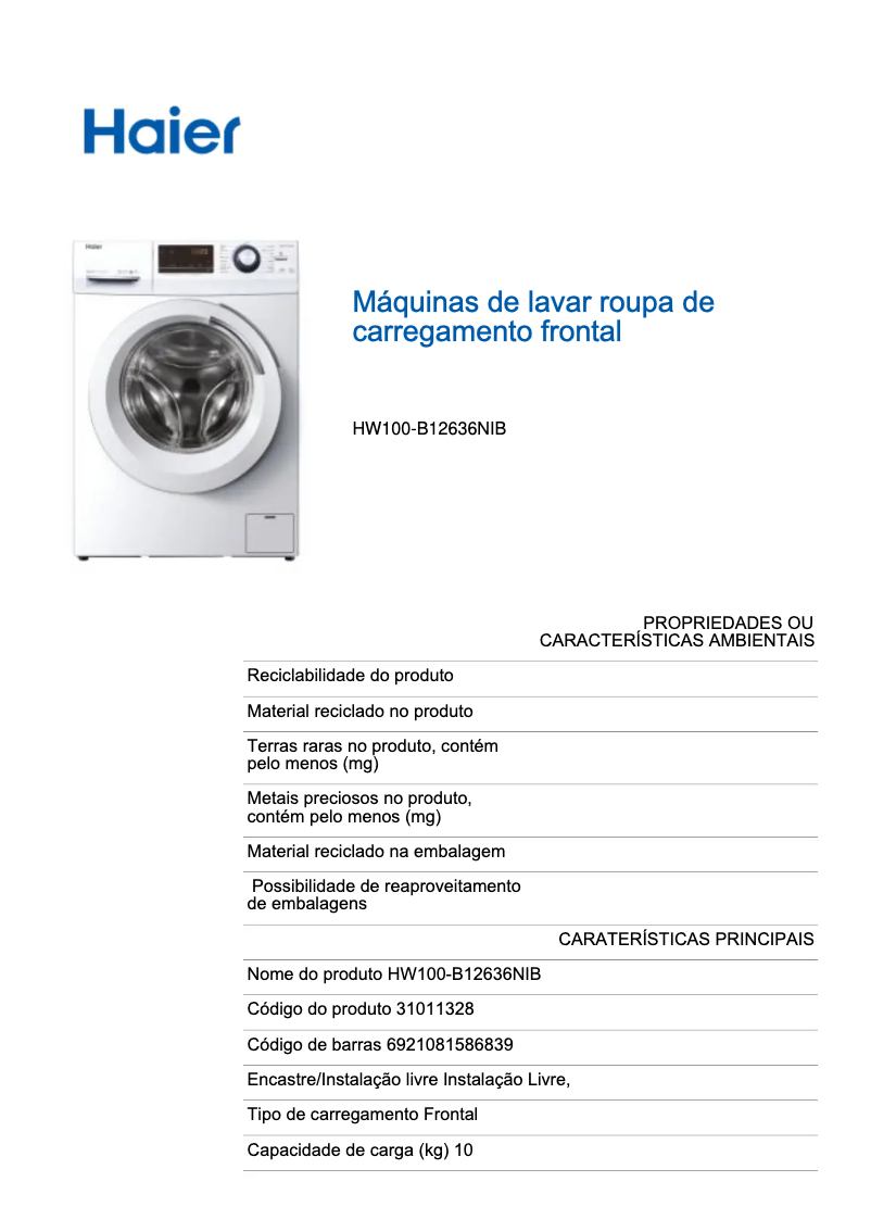 Page 1 de la notice Label énergétique Haier HW100-B12636N