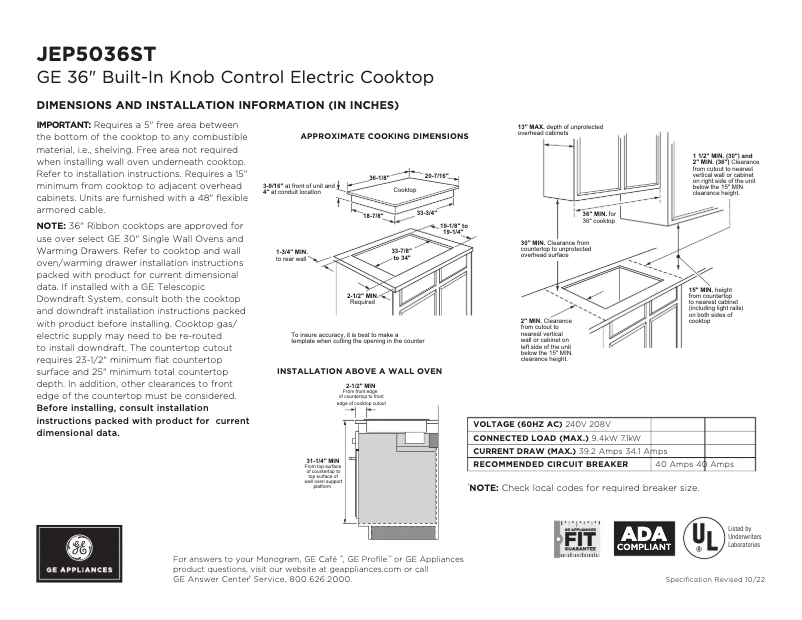 Page 1 of the manual Technical Sheet GE JEP5036STSS