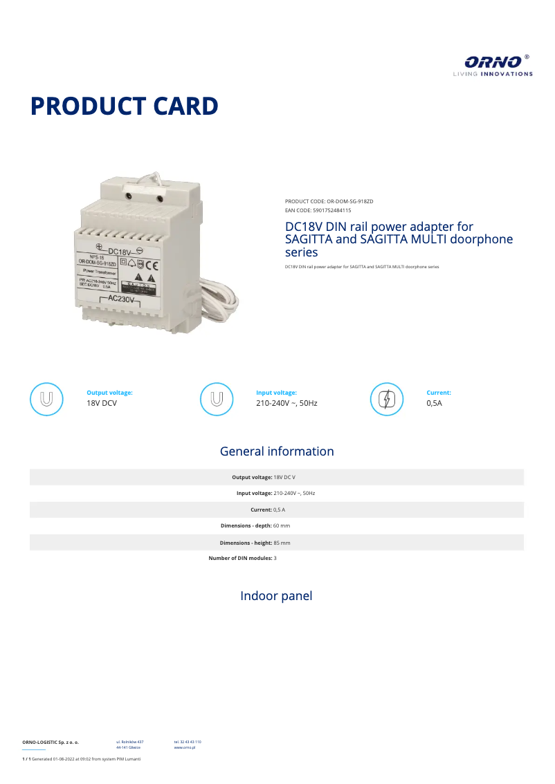 Page 1 de la notice Fiche technique ORNO OR-DOM-SG-918