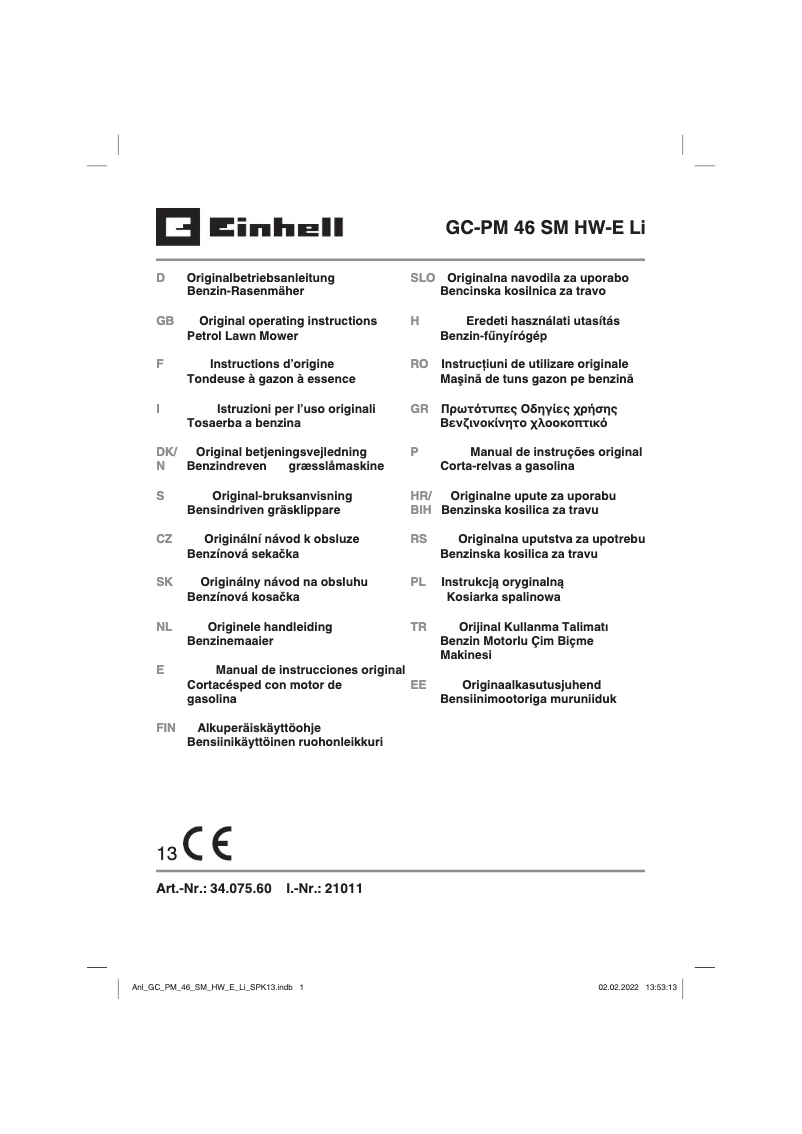 Page 1 de la notice Manuel utilisateur Einhell GC-PM 46 SM HW-E Li