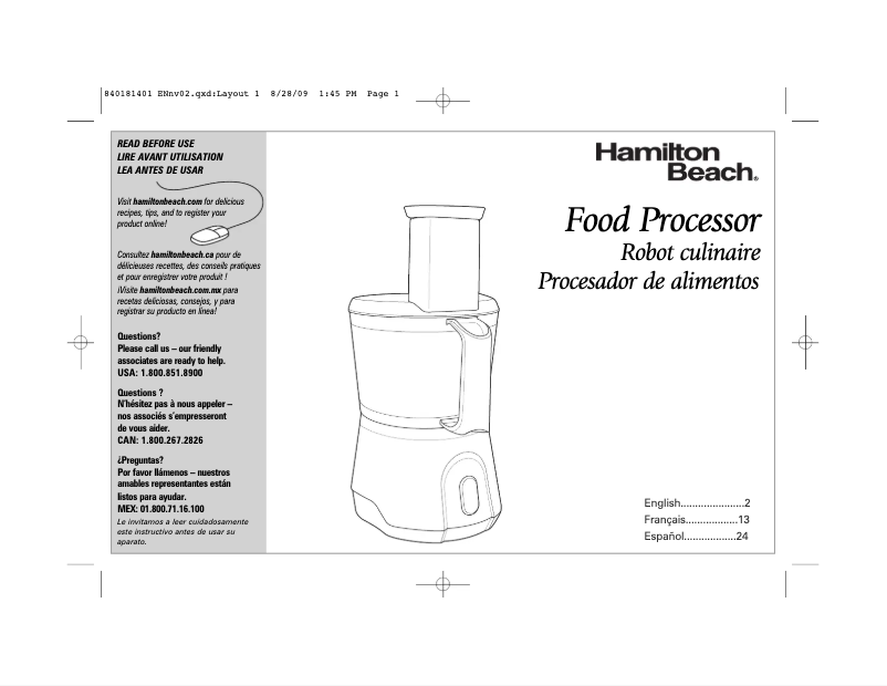 Page 1 de la notice Mode d'emploi Hamilton Beach 70760