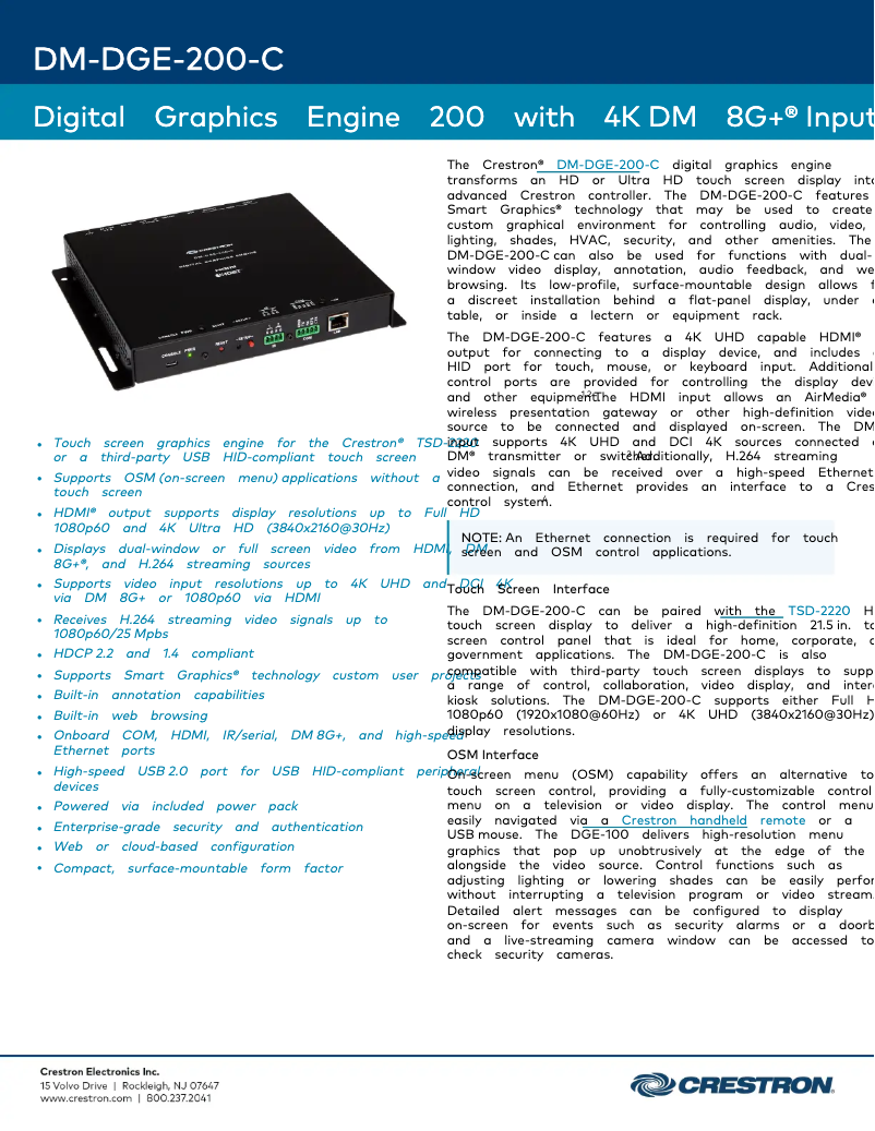 Página 1 del manual Ficha técnica Crestron DM-DGE-200-C