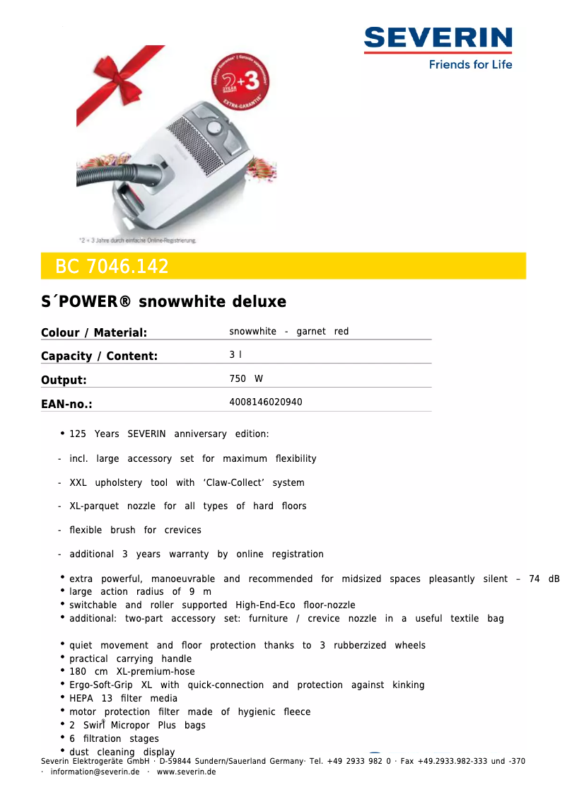 Page 1 de la notice Fiche technique Severin BC 7046.142