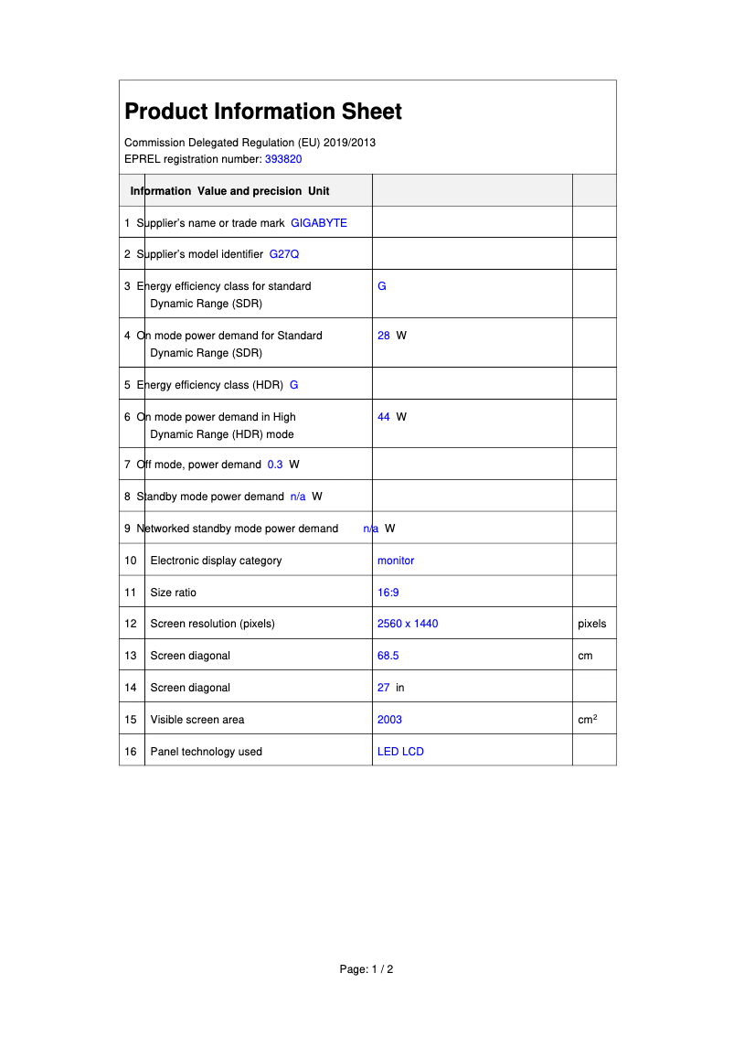 Page n°1 - Fiche technique Gigabyte G27Q