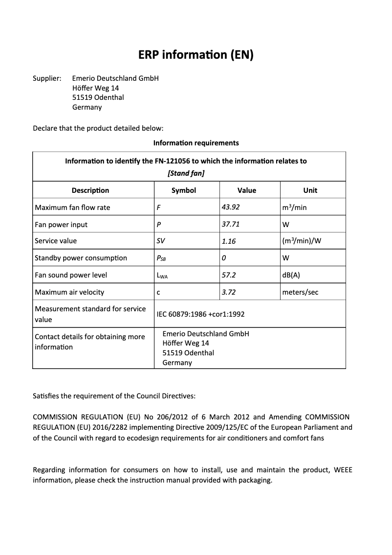 Page n°1 - Fiche technique Emerio FN-121056