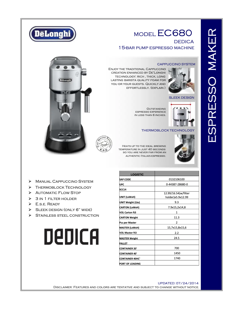 Page n°1 - Fiche technique DeLonghi Dedica EC680