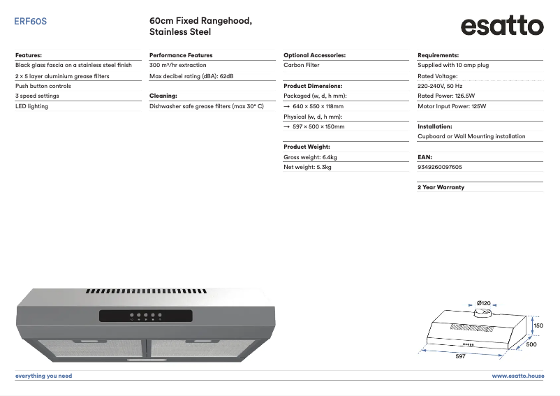 Page 1 de la notice Fiche technique Esatto ERF60S