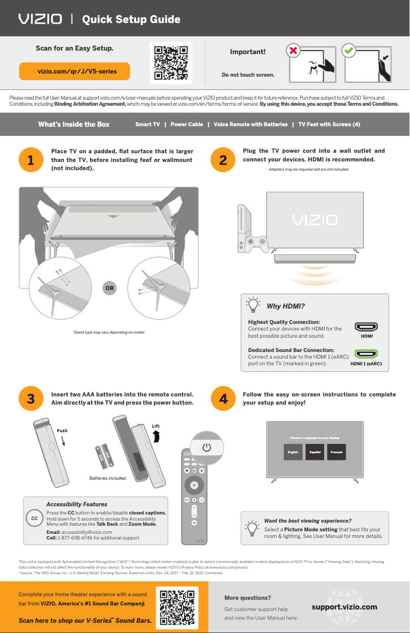 Page 1 de la notice Guide de démarrage rapide VIZIO V705-J03
