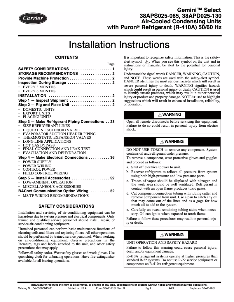 Page n°1 - Manuel utilisateur Carrier Gemini Select 38APD025-130