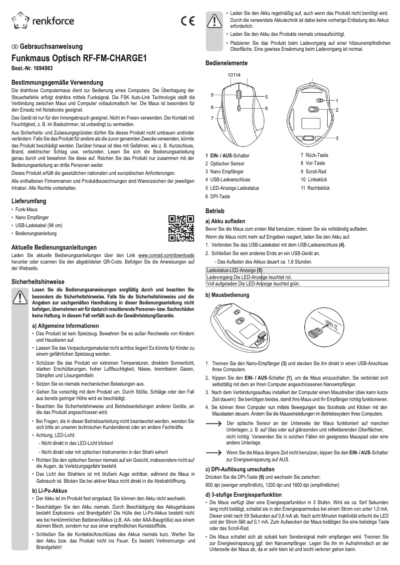 Page n°1 - Manuel utilisateur Renkforce RF-FM-CHARGE1