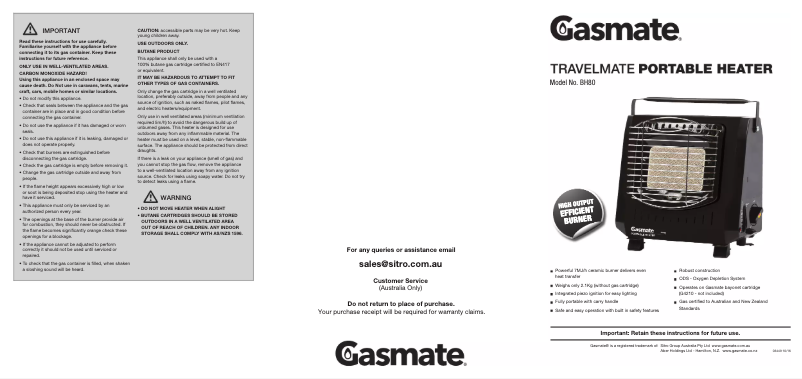 Page 1 de la notice Manuel utilisateur Gasmate Travelmate BH80