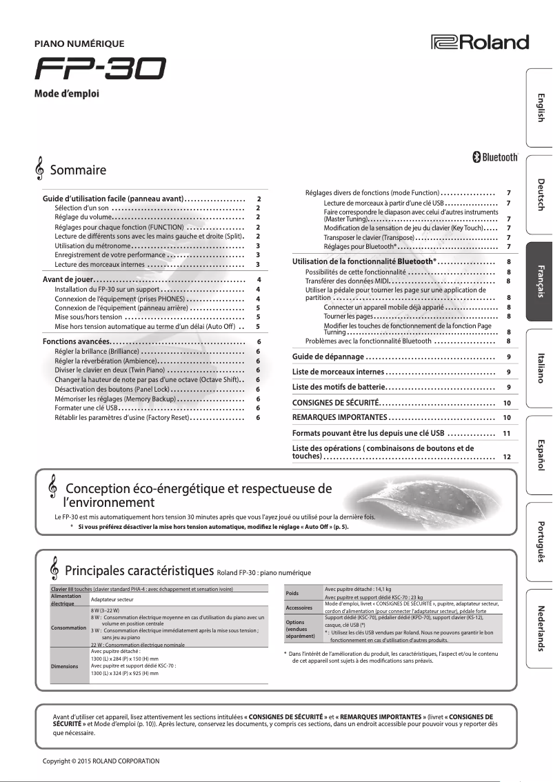 Page 1 de la notice Manuel utilisateur Roland FP-30