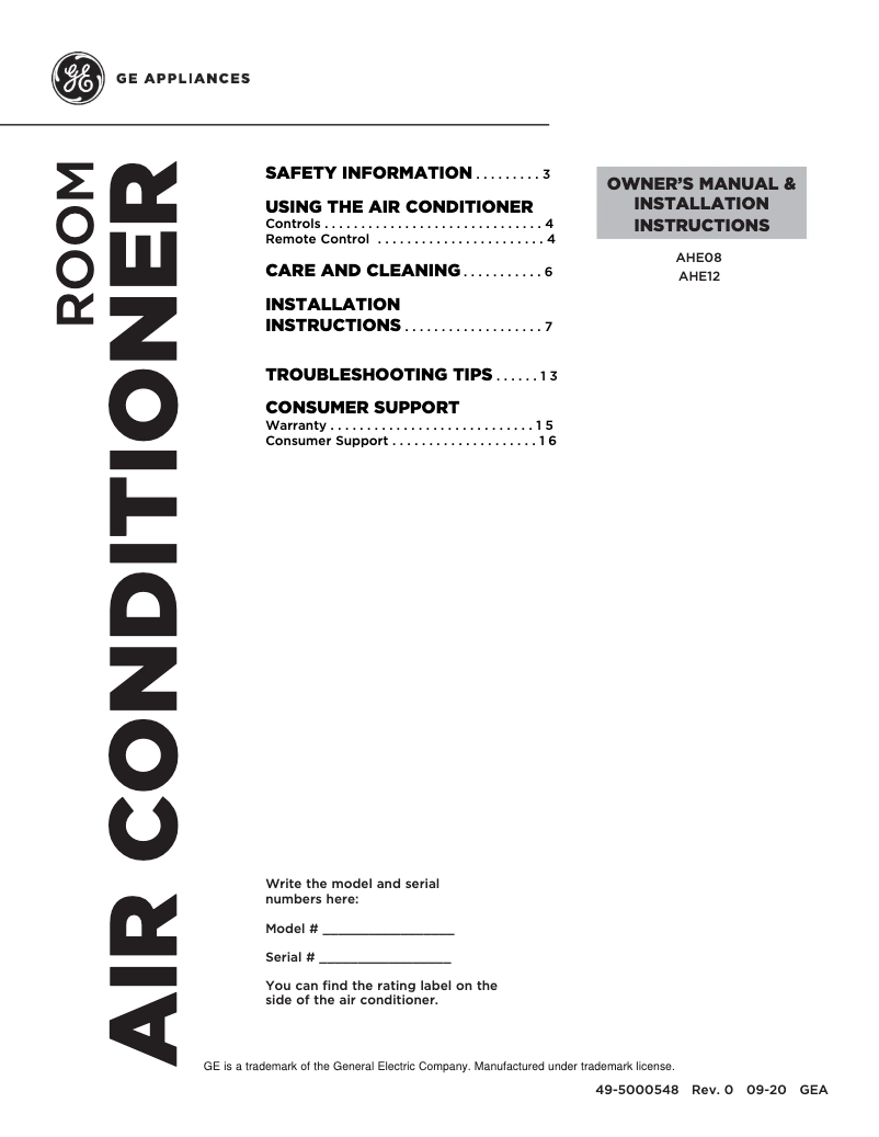 Page n°1 - Manuel d'utilisation et d'entretien GE AHE12DX