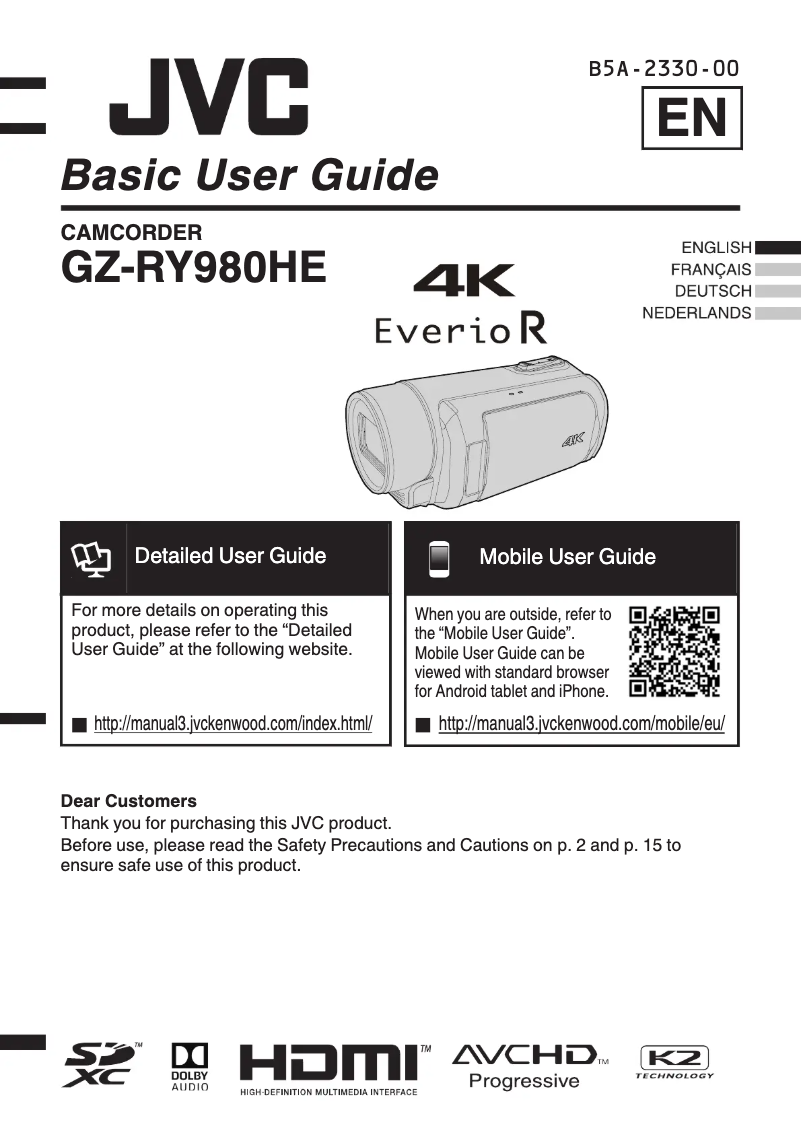 Page 1 de la notice Manuel utilisateur JVC GZ-RY980HE