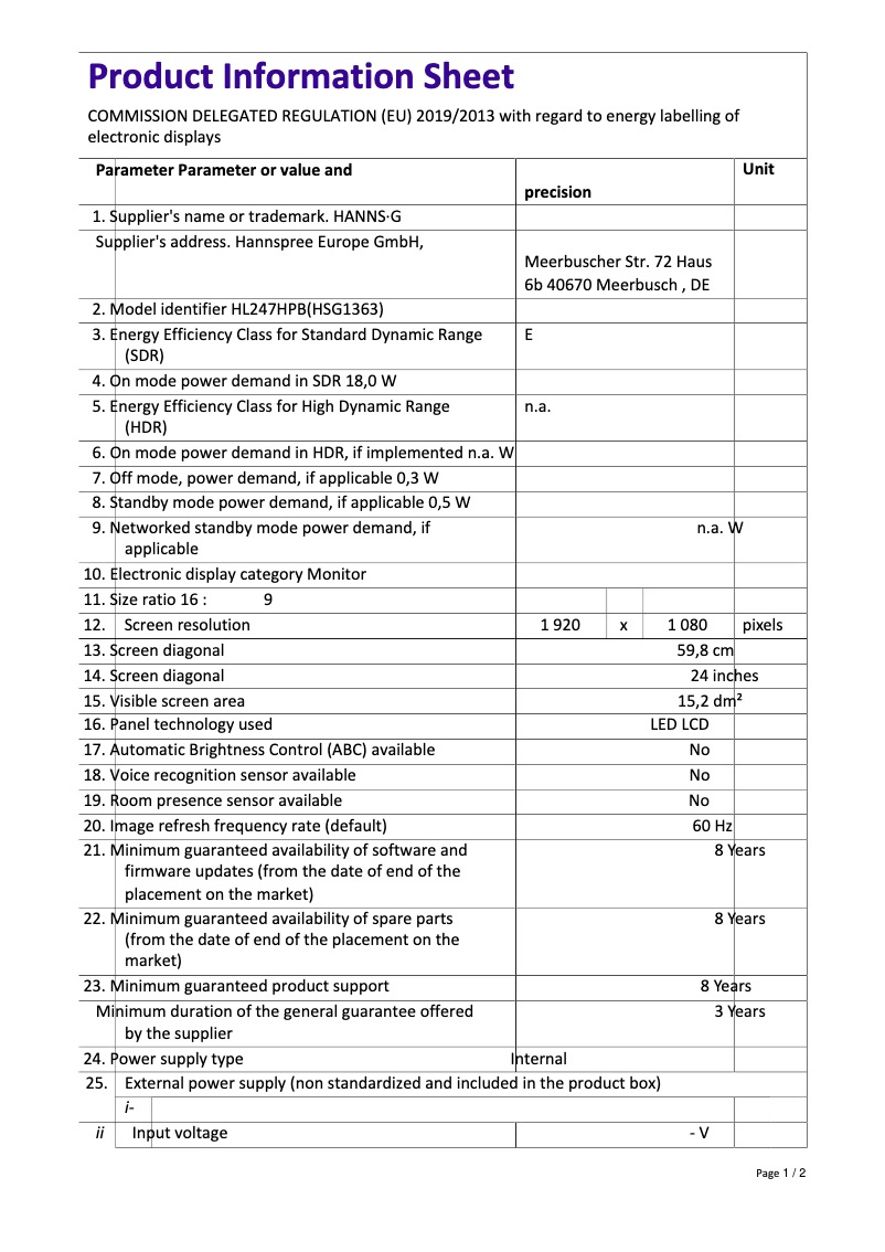 Page 1 de la notice Manuel utilisateur Hannspree HL 247 HPB