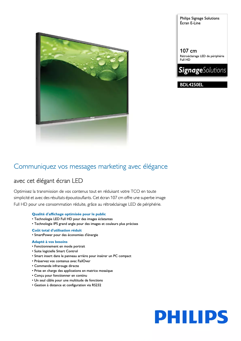 Page n°1 - Fiche technique Philips Signage Solutions BDL4250EL