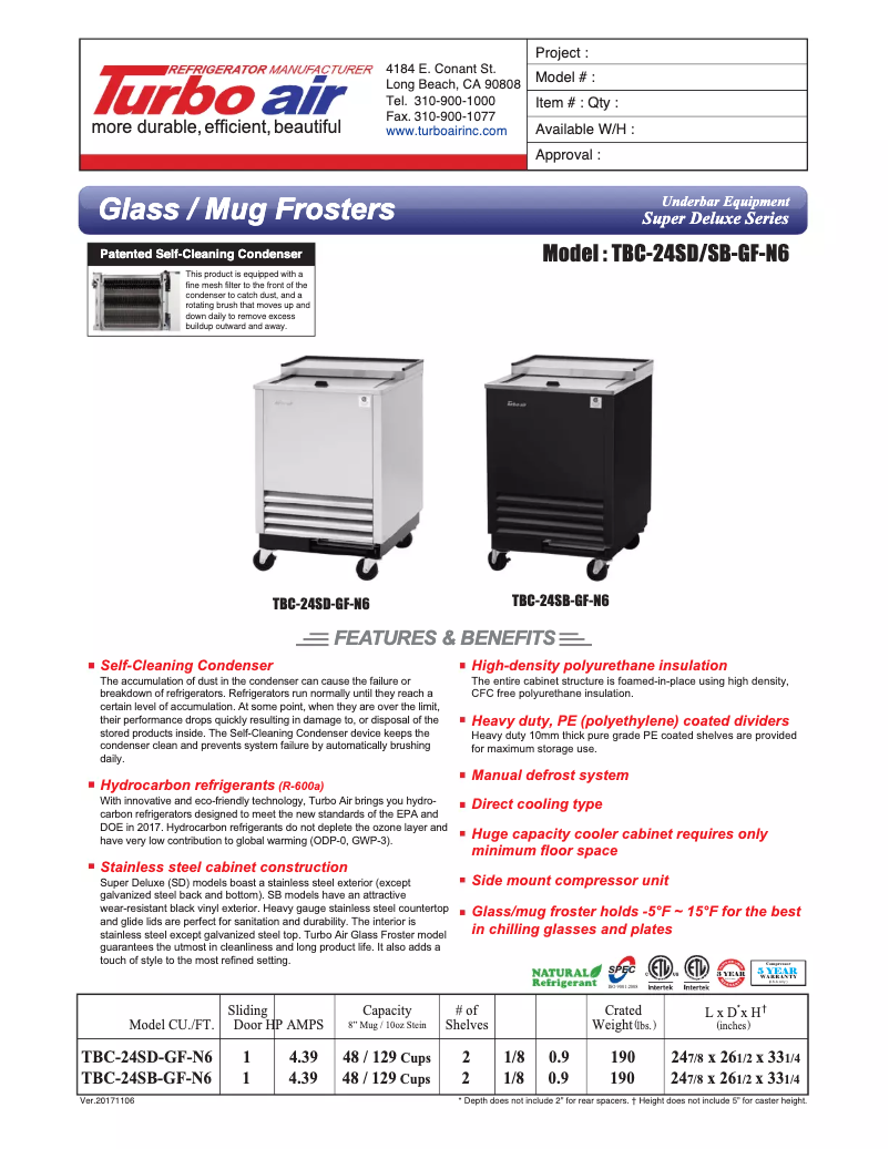 Página 1 del manual Ficha técnica Turbo air TBC-24SD-GF