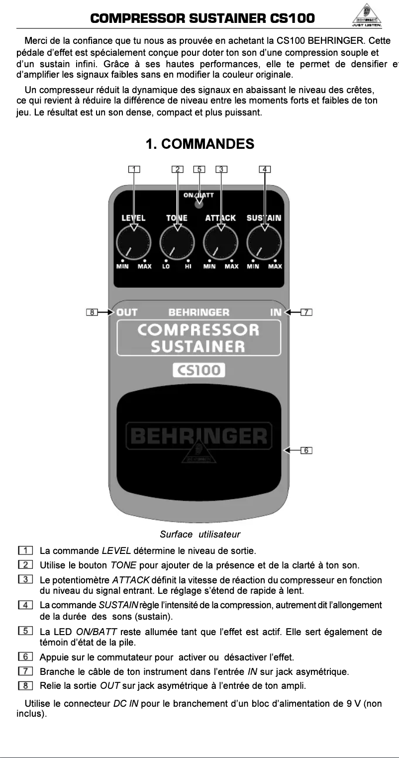 Page n°1 - Manuel utilisateur Behringer CS100