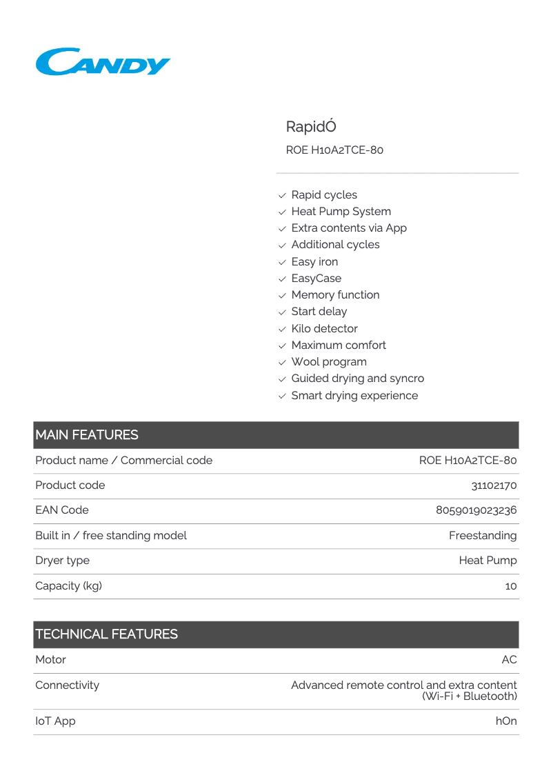 Page 1 de la notice Fiche technique Candy ROE H10A2TCE