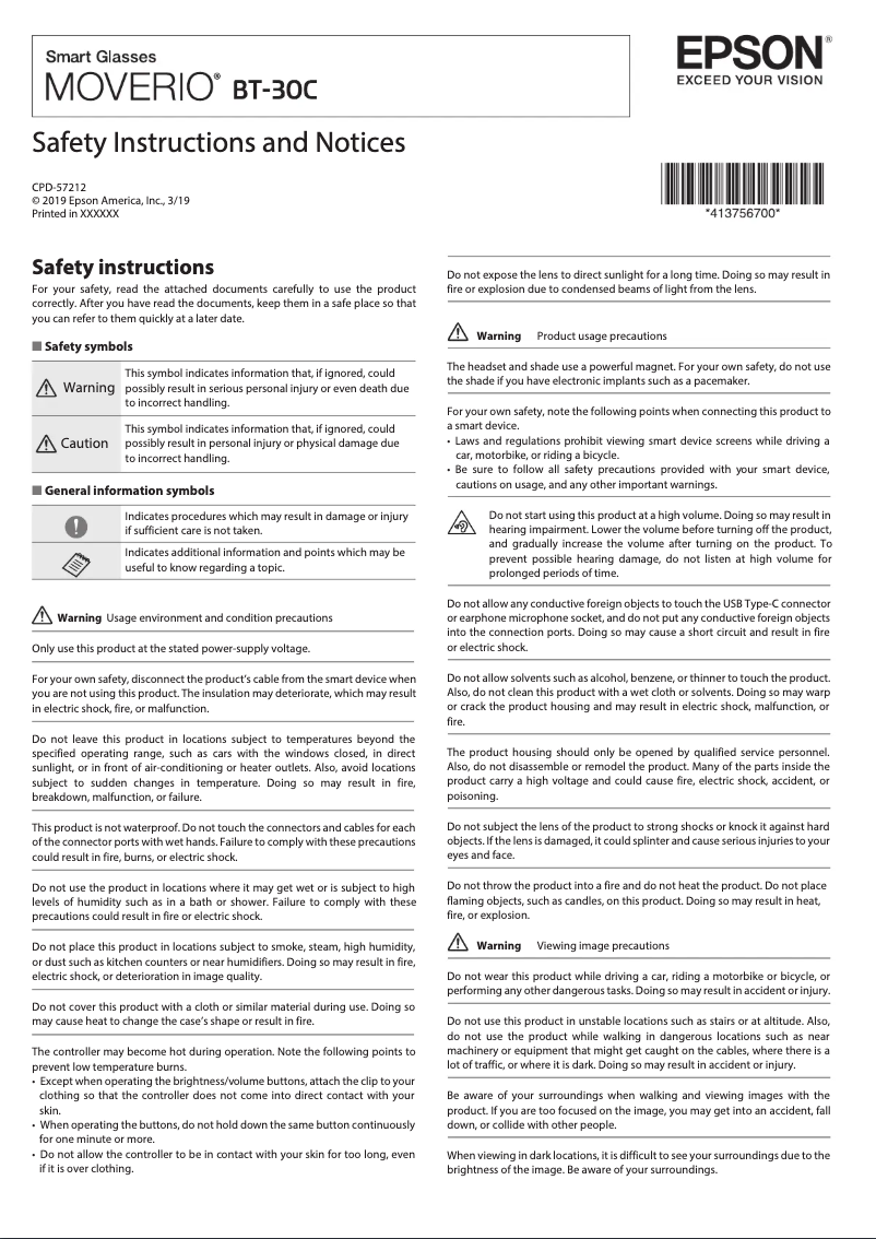 Page 1 de la notice Instructions de sécurité Epson Moverio BT-30C