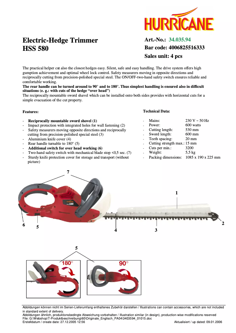 Page 1 de la notice Manuel utilisateur Hurricane HHS 580