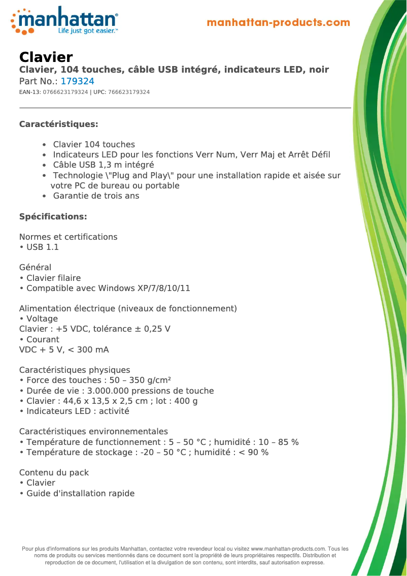 Page 1 de la notice Fiche technique Manhattan 179324