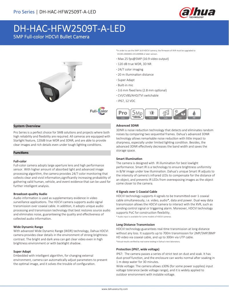 Page n°1 - Fiche technique Dahua Technology HAC-HFW2509T-A-LED