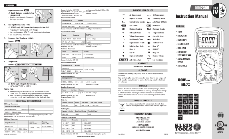 Page n°1 - Manuel utilisateur Klein Tools MM2300