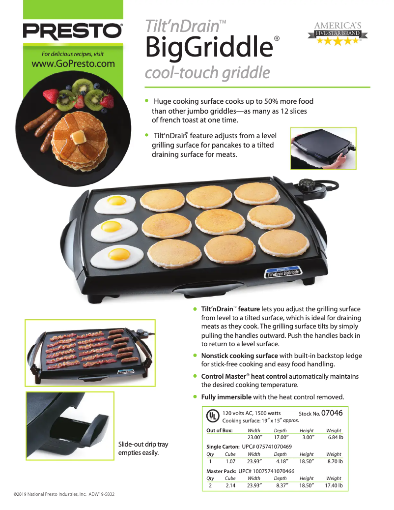 Page n°1 - Fiche technique Presto BigGriddle 07046