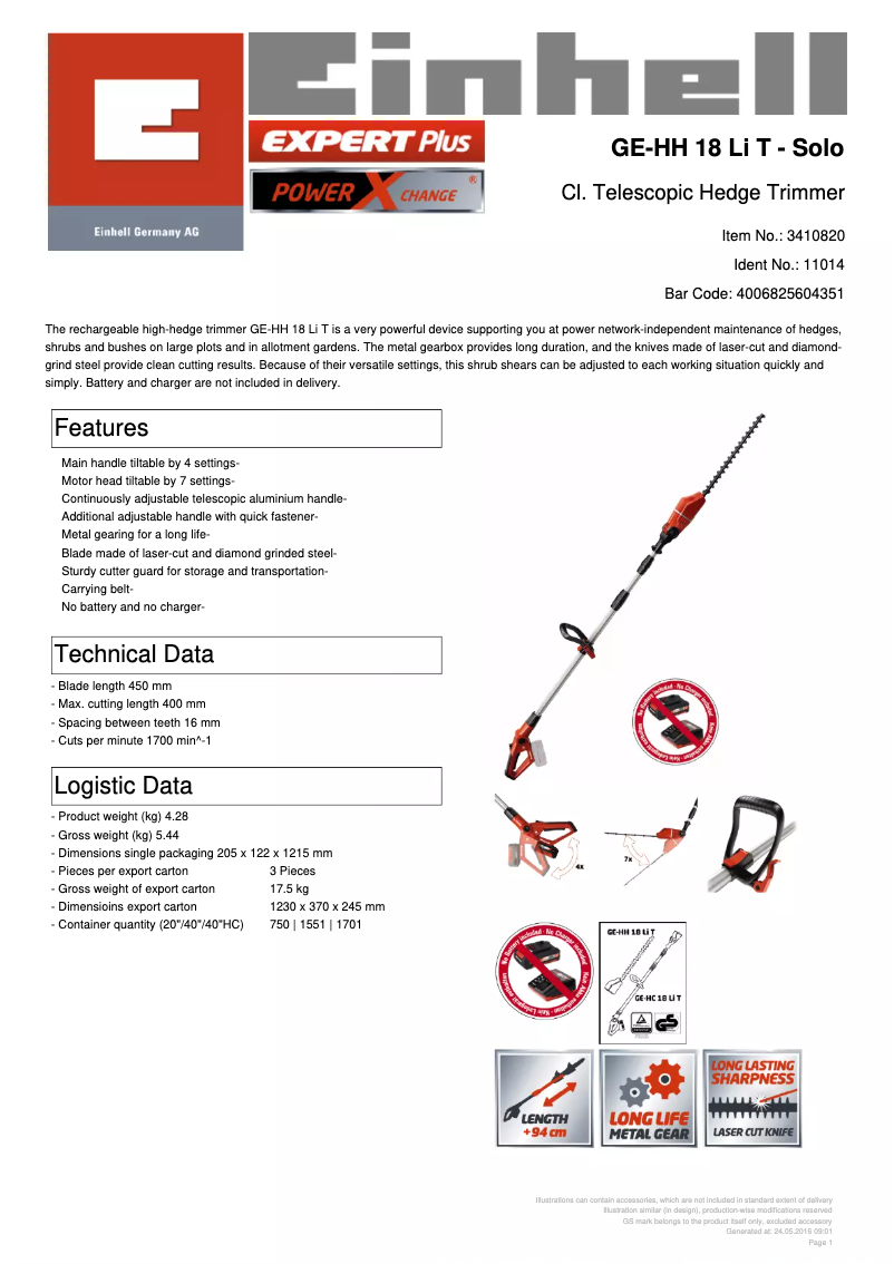 Page 1 de la notice Fiche technique Einhell GE-HH 18 Li T-Solo