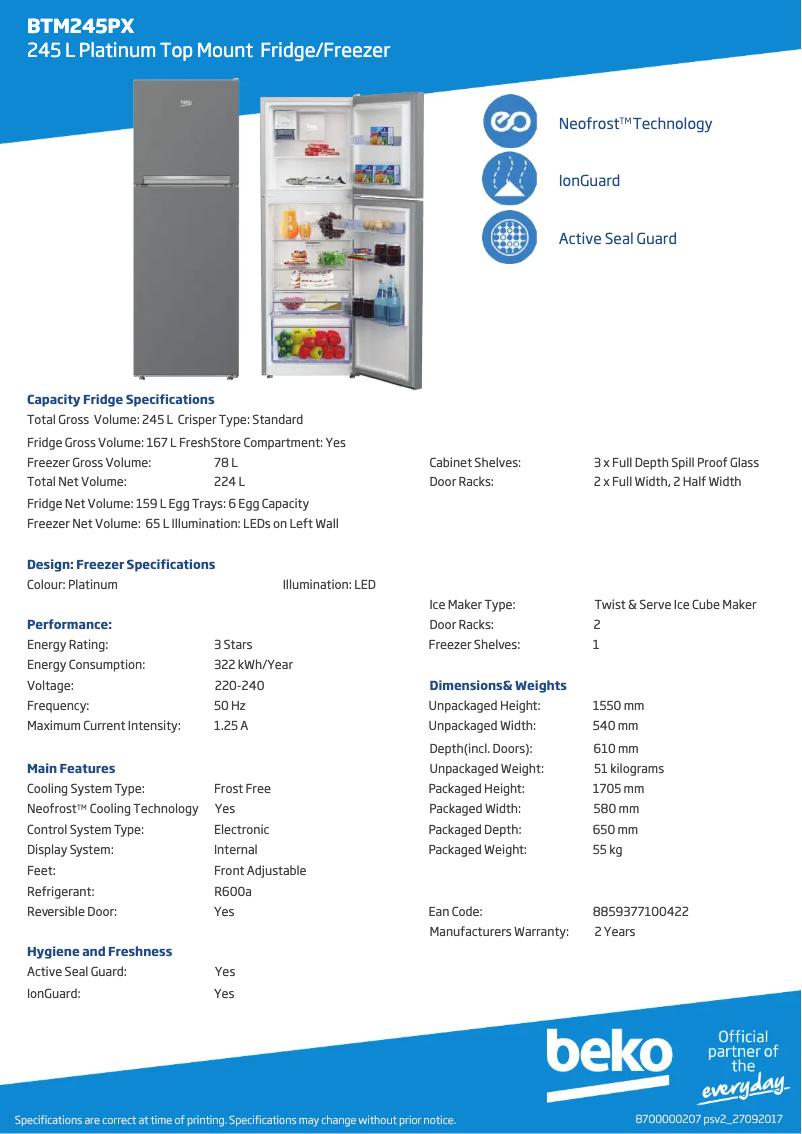 Page 1 de la notice Fiche technique Beko BTM245PX
