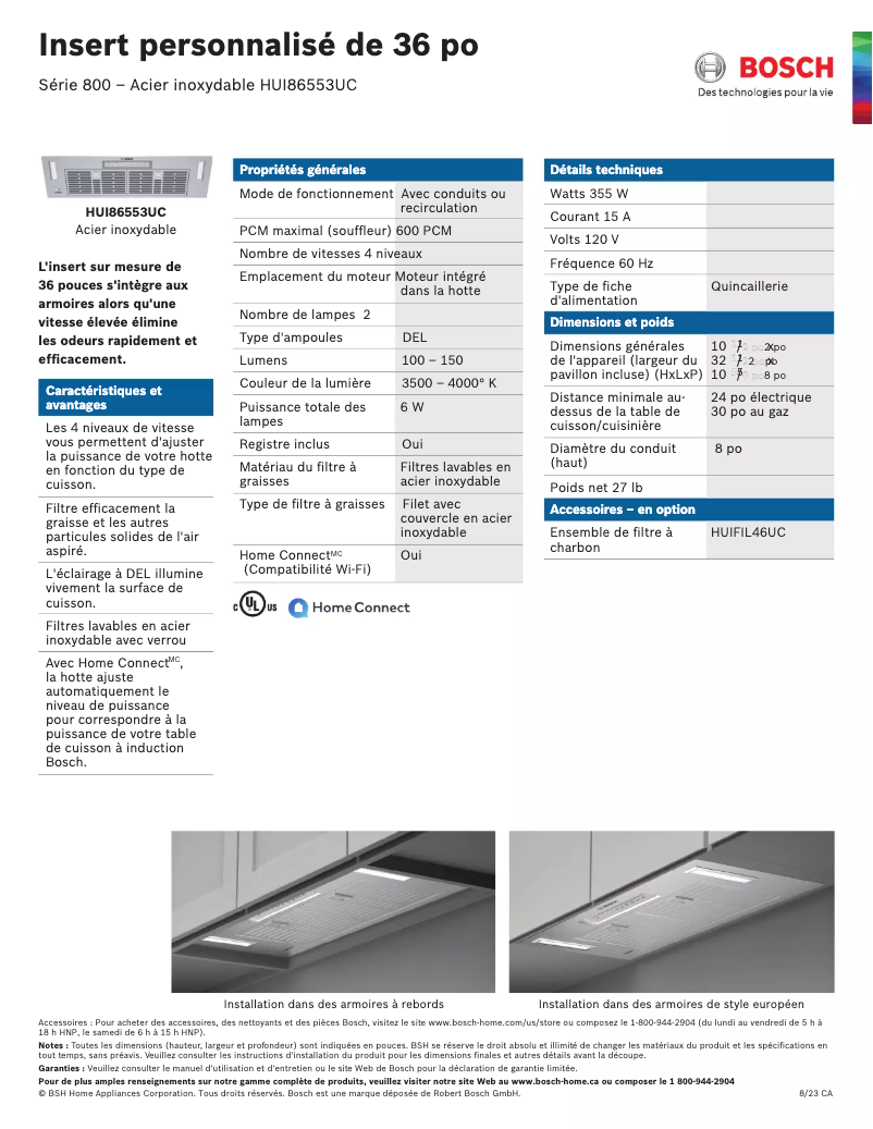 Page 1 de la notice Fiche technique Bosch HUI86553UC