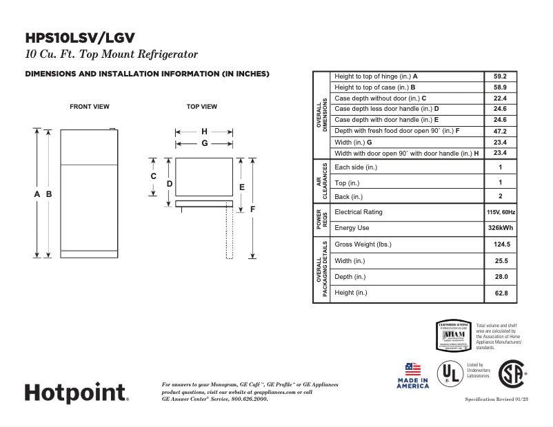 Page 1 de la notice Fiche technique Hotpoint HPS10LSVRSS