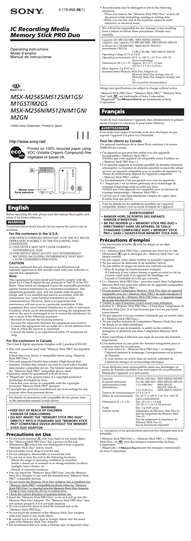 Page n°1 - Manuel utilisateur Sony MSX-M1GN