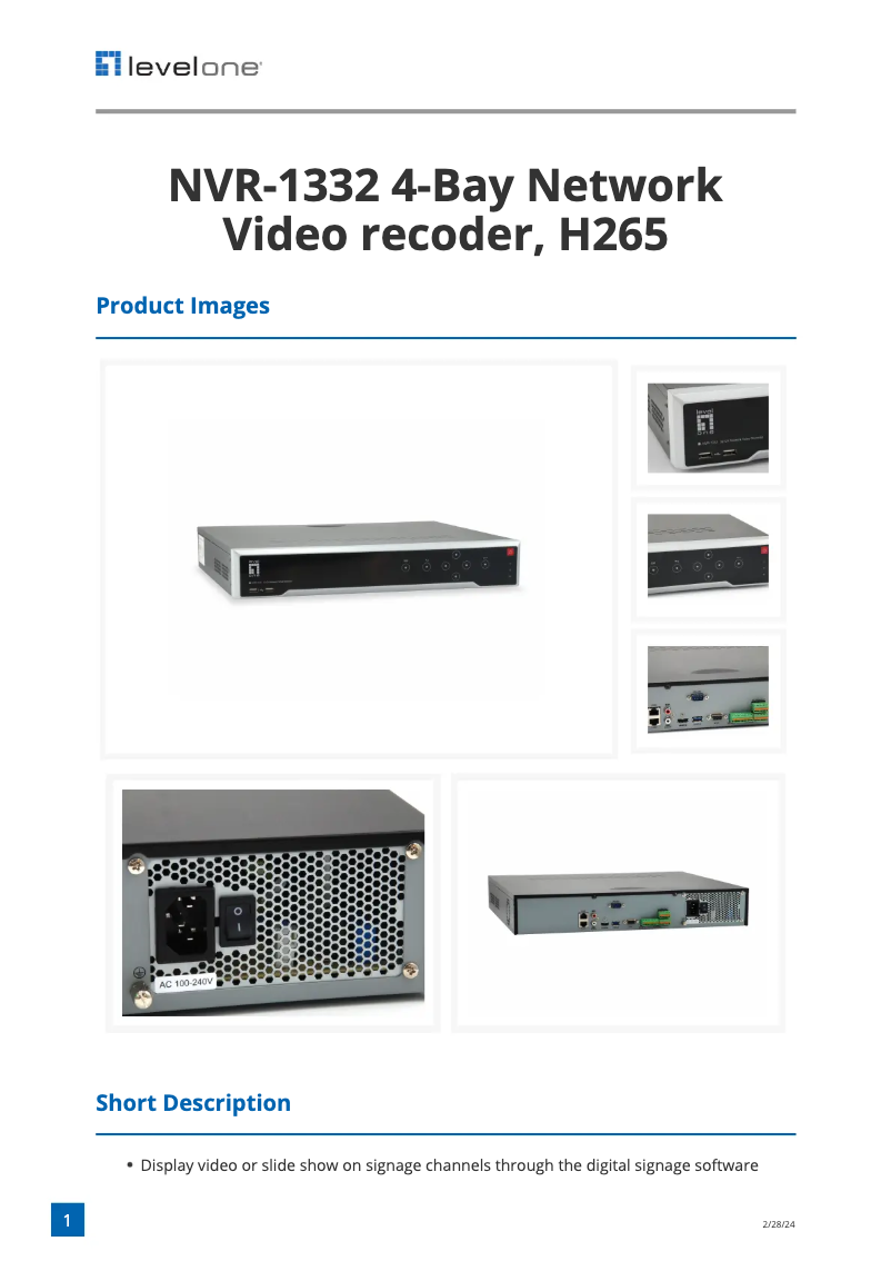 Page 1 de la notice Fiche technique LevelOne NVR-1332