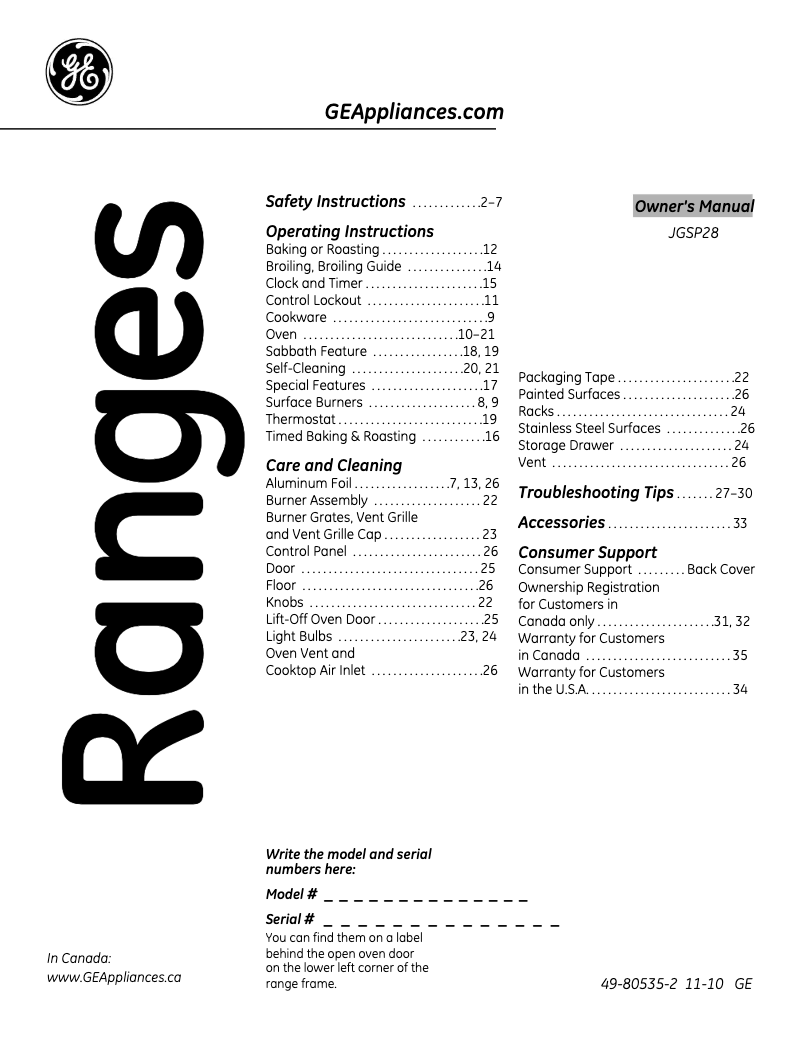 Page 1 de la notice Manuel d'utilisation et d'entretien GE JGSP28BEKBB