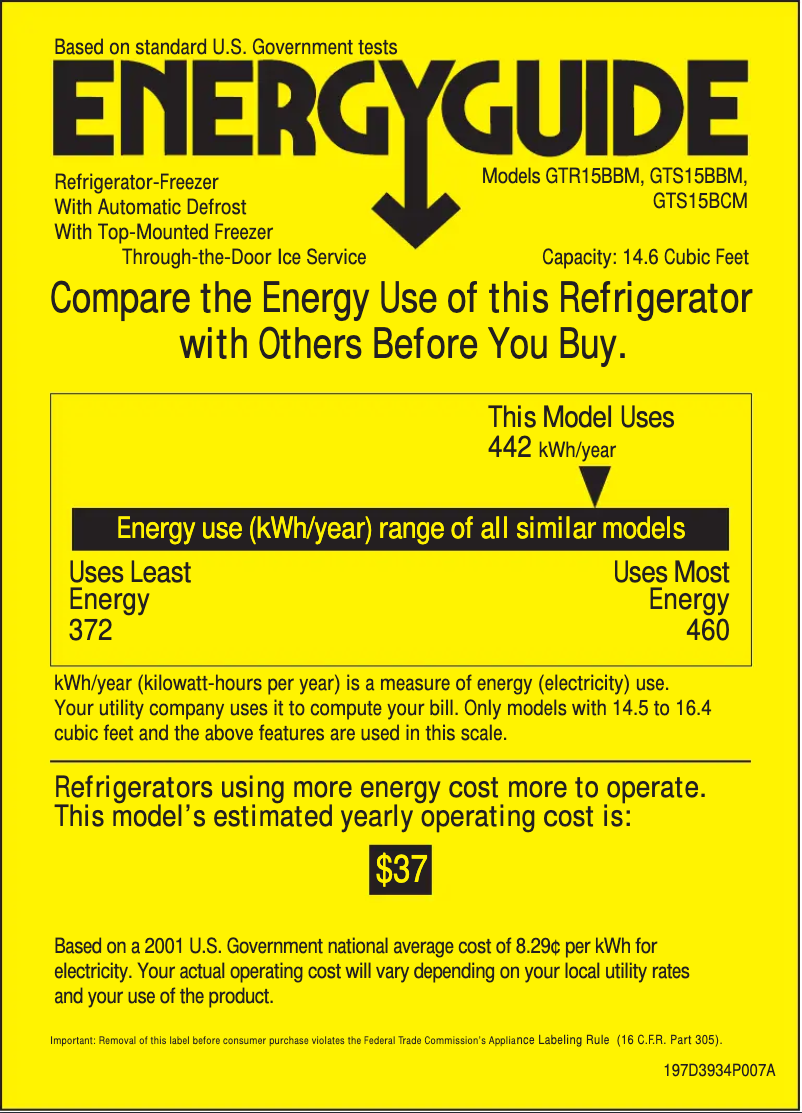 Page 1 de la notice Label énergétique GE GTS15BBMRCC