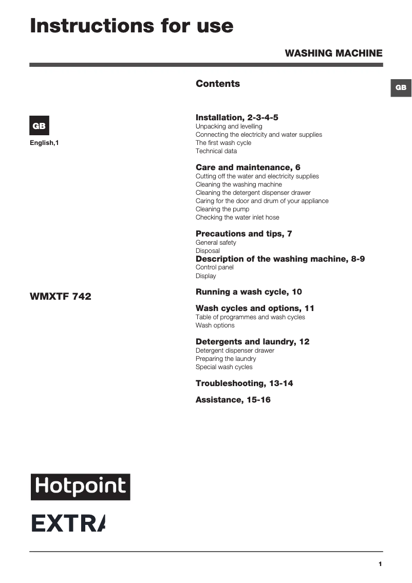 Page n°1 - Manuel utilisateur Hotpoint WMXTF 742G UK