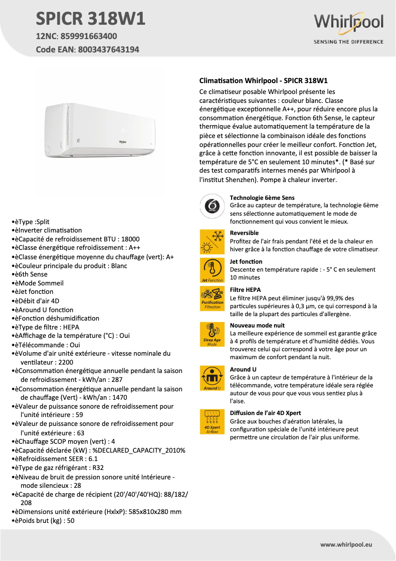 Image de la première page du manuel de l'appareil SPICR 318W1