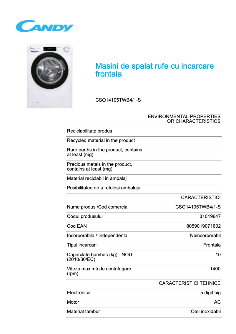 Page 1 de la notice Fiche technique Candy CSO14105TWB4/1-S