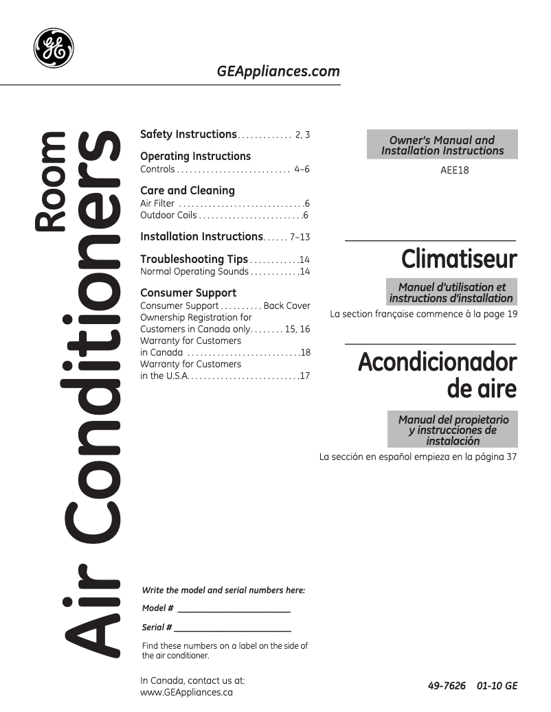 Page n°1 - Guide d'installation GE AEE18DN