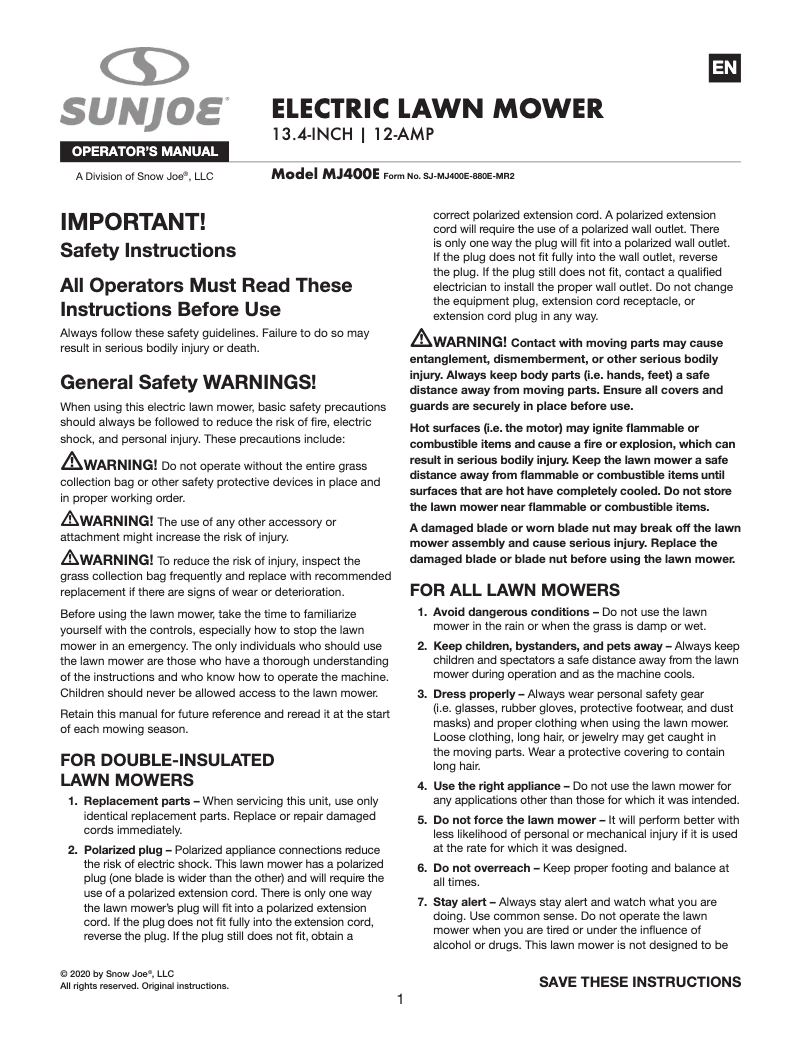 Page 1 de la notice Manuel utilisateur Sun Joe MJ400E